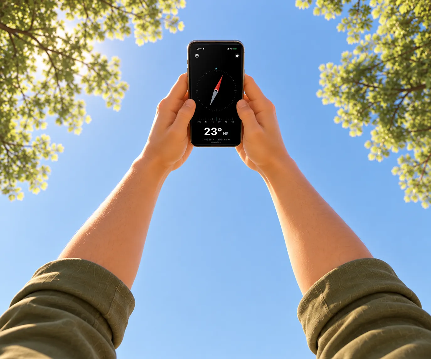 Sdraiati sotto gli alberi, due mani tengono un iPhone sopra la testa, contro il cielo azzurro. Sullo schermo, 3pNorth mostra l’Ago su nero a 23 gradi nord-est, con il quadrante specchiato in modo che il nord punti nella direzione giusta.
