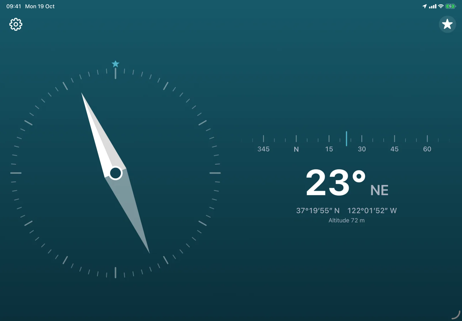3pNorth on iPad with the Needle face on the Petrol background, heading 23 degrees north-east, with the heading tape and coordinates on the right